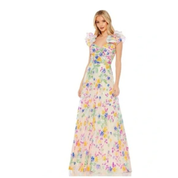 Mac Duggal Multicolor Floral Sequin Embellished Ruffle Sleeve Gown 14 NWT - Picture 1 of 11